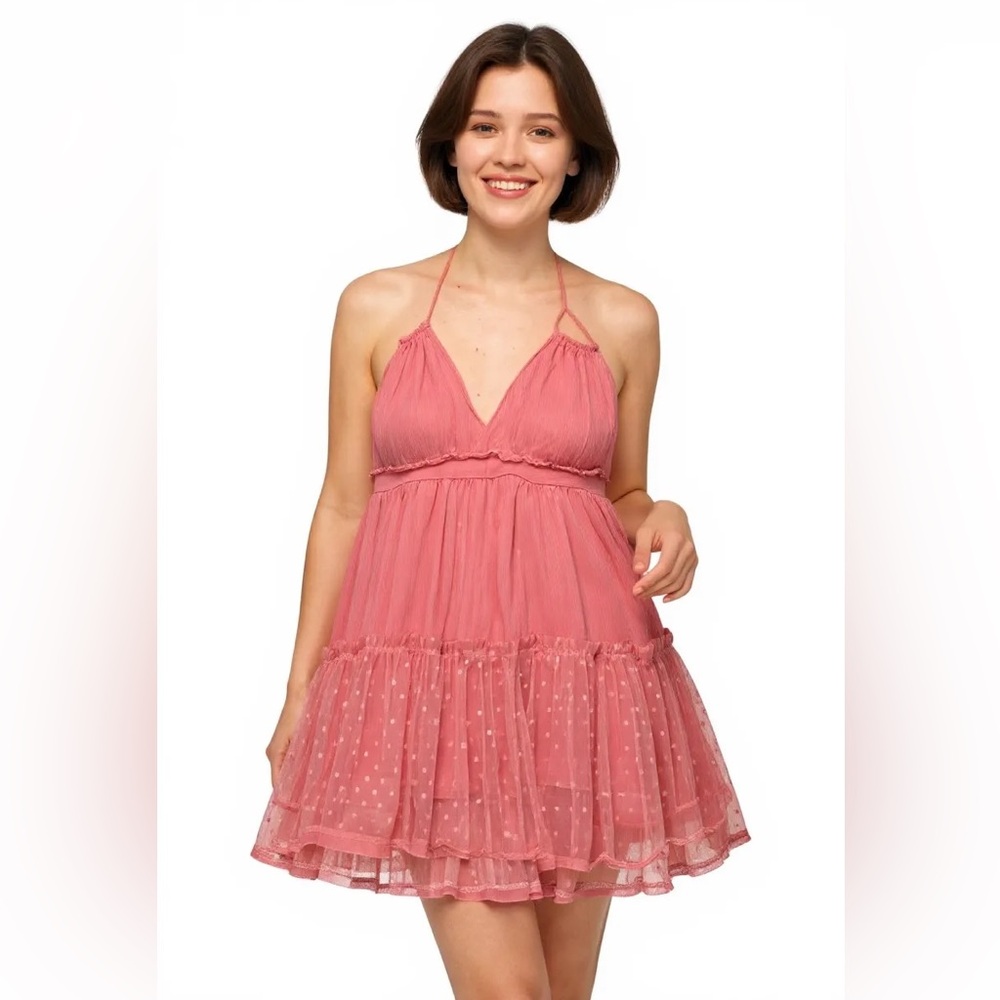 Teeraphique XL Pink Halter Tiered Ruffle Mini Dress Polka Dot Lace Trim